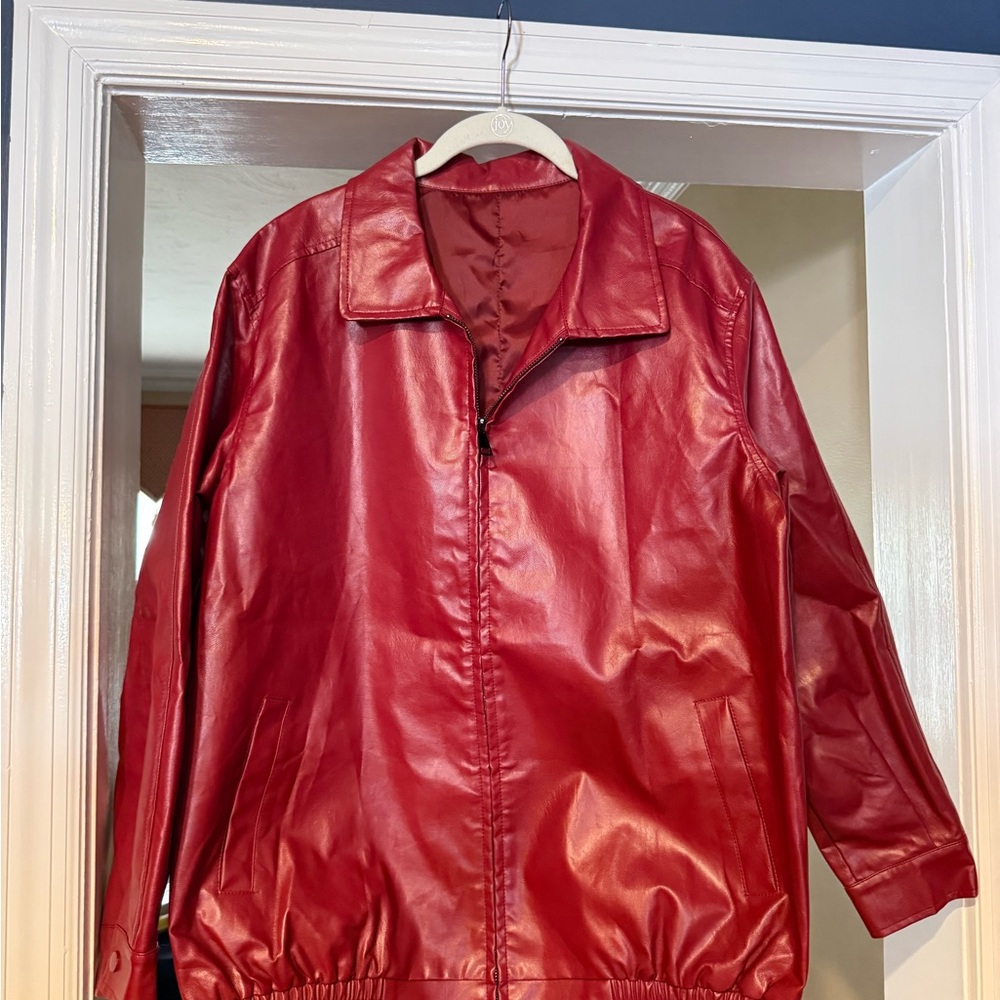 Red Faux Leather Zip-Front Women's Jacket
